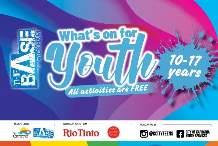 blue, purple and pink swirls with "whats on for youth'