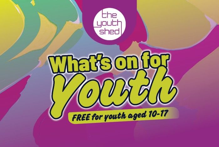 swirl background with bright colours with a swirl font that says "whats on for youth aged 10-17" with the youth shed logo at the top