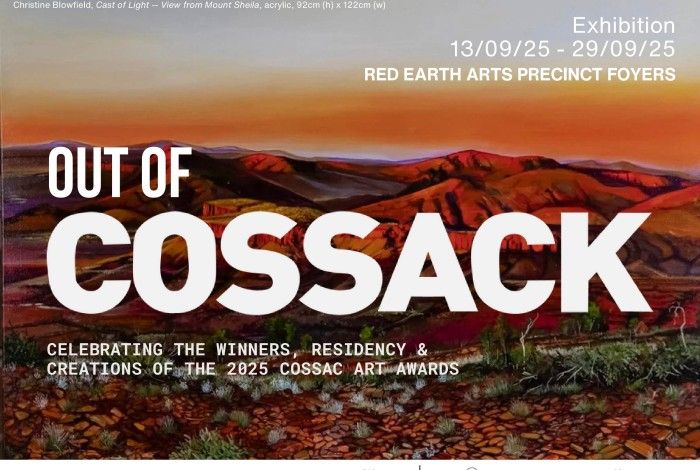 Out of Cossack Art Exhibition poster, image of red land and mountains