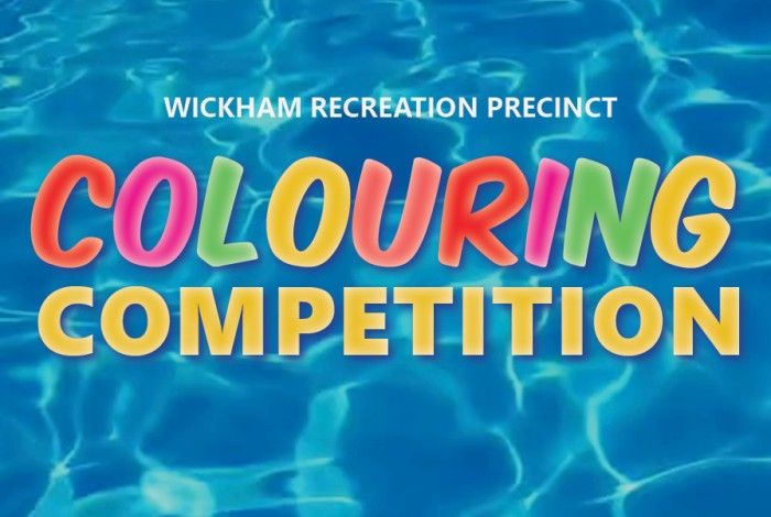 Illustration of a blue water background with text. At the top, it says “Wickham Recreation Precinct,” and below, in large multicoloured letters, it says “Colouring Competition.”