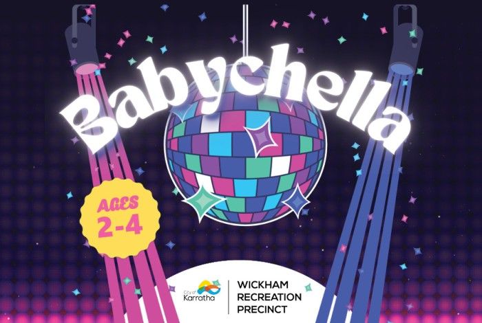Babychelle with a bright coloured disco ball underneath writing, presented by the Wickham Precinct with light rays coming downwards on the graphic
