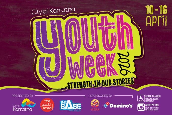 Bright Youth Week 2026 promotional graphic from the City of Karratha featuring bold purple and pink text on a yellow background with the theme "Strength in Our Stories." Event dates are 10–16 April.