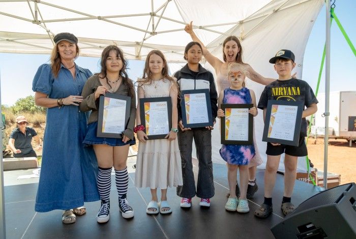 Winners of the Children's Art Awards with Artist in residence Jenna Pickering