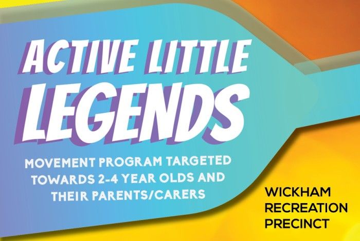 Blue/purple banner style shape with white writing that says "Active Little Legends", below the heading it says "Movement program targeted to 204 year olds and their carers/parent", in the background is a yellow orange colour