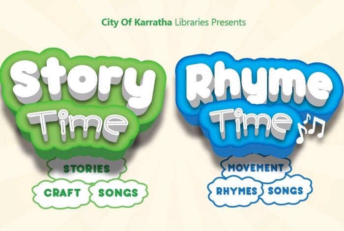 Green story time banner and blue rhyme time banner