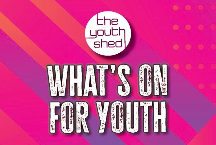 Bright pink and purple graphic with diagonal stripes and dotted accents. The Youth Shed logo appears at the top, with bold white text reading “What’s On for Youth.”