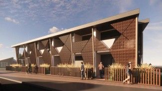 Architectural rendering of a modern two-storey housing development with geometric metal screening, landscaped front courtyards, and people walking along the footpath.